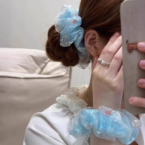 蓝色金鱼泡泡纱大肠发圈高级感女