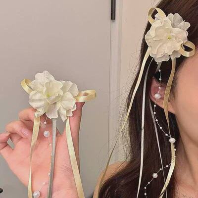 甜美法式蝴蝶结珠珠长流苏对夹