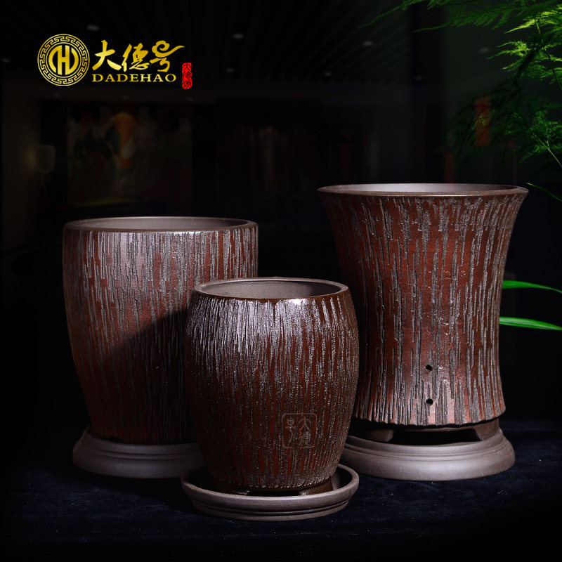 欧式粗陶紫砂花盆 君子兰花盆 宜兴创意个性大小绿植仿树桩带托盘