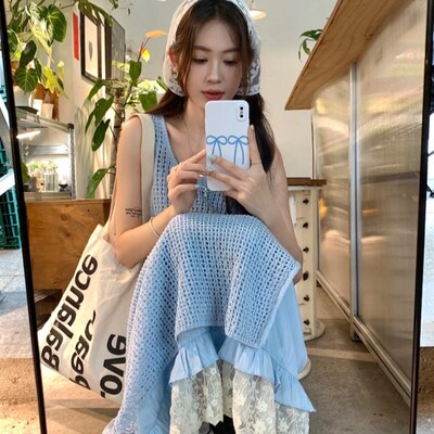 蓝色裙子叠穿套装裙女夏季新款针织镂空罩衫吊带裙小个子出游穿搭