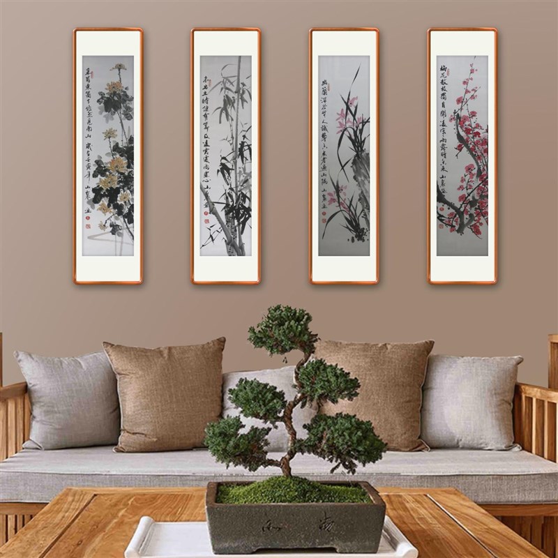 手绘梅兰竹菊挂画四联新中式民宿酒店客厅沙发装饰画花鸟画四条屏图片