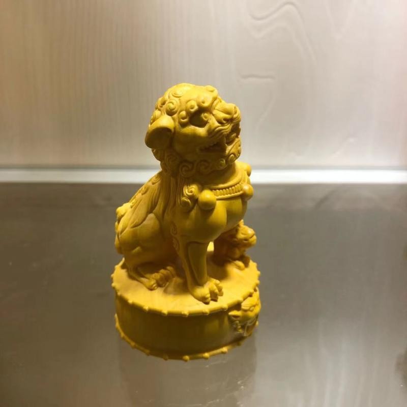 崖柏黄杨木雕招财狮子印章文玩手把件实木雕刻工艺品车载家居摆件