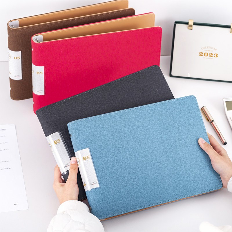 皮面资料册横款a4文件夹透明插页B5O型夹A5票据夹活页收纳6孔