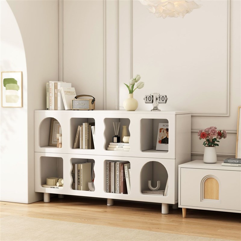 奶油风书柜落地置物架靠墙收纳展示柜创意格子书架储物柜儿童书架