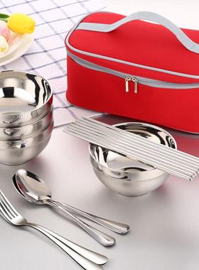 实融不锈钢碗学生便携餐具套装4碗4筷2勺子2叉筷子饭碗野餐赵之吴