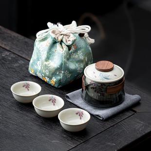 手绘紫藤花快客杯户外泡茶壶便携收纳包一壶三杯玻璃旅行茶具套装