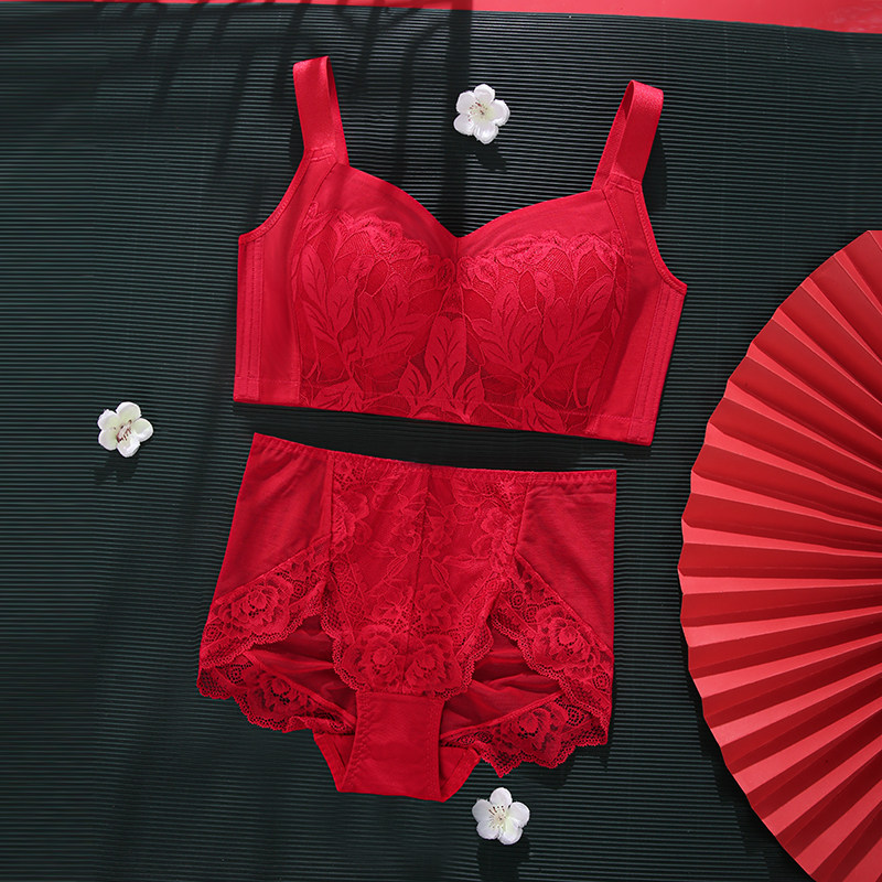 红色内衣套装h大胸显小薄款全罩杯收副乳无钢圈蛇年本命年文胸内