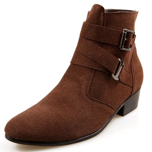 男鞋2025年新款潮大码尖头绒面搭扣皮鞋 个性时尚西部牛仔靴短靴