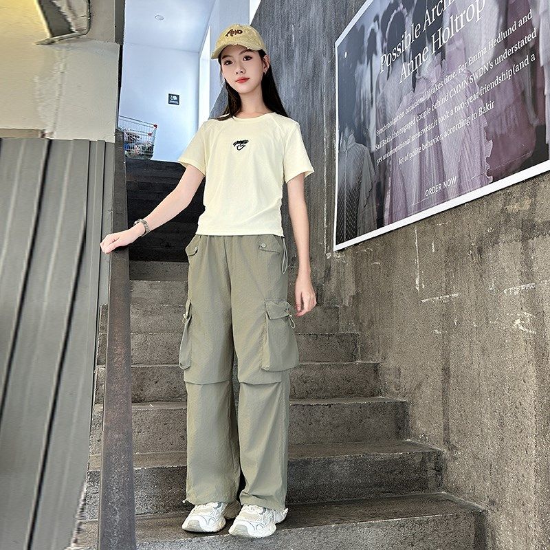 女大童夏装套装2025新款儿童洋气少女学生时髦酷飒风工装裤两件套