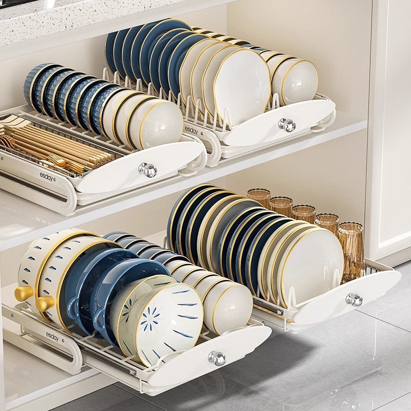 厨房抽拉碗碟收纳架橱柜内置碗架拉篮抽屉式碗盘盘子沥水篮置物架