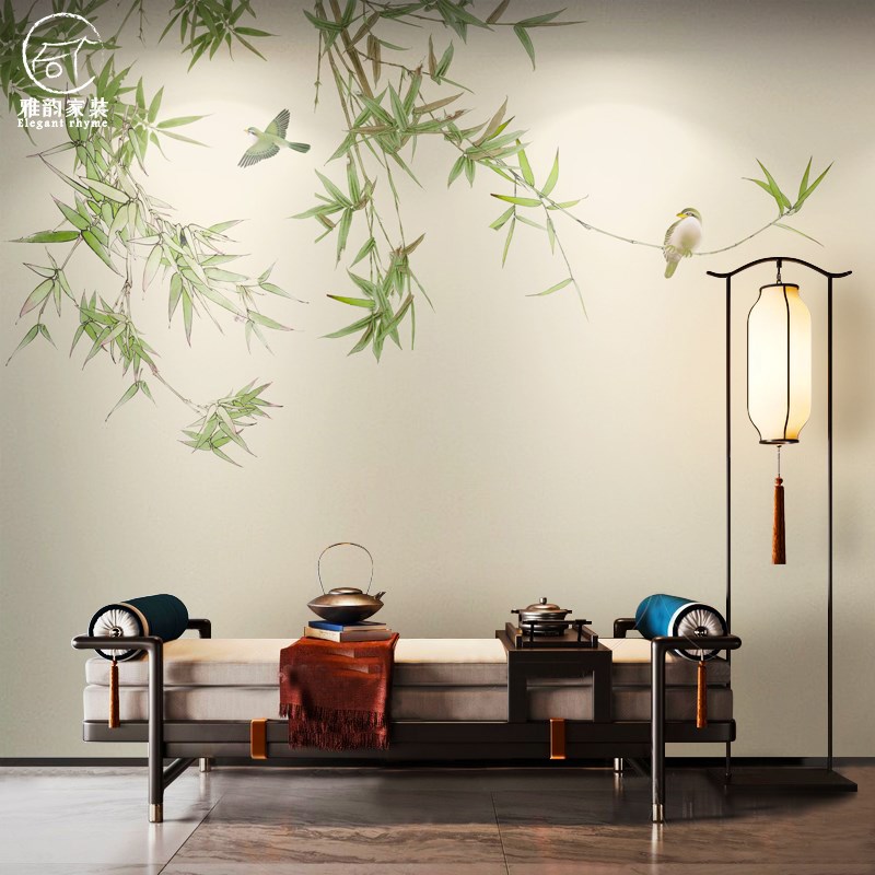 新中式淡雅竹子花鸟客厅电视背景墙壁布卧室书房酒店民宿墙纸壁画