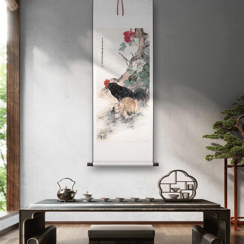 刘奎龄《鸡鸣富贵》客厅书房茶室装饰画挂画玄关水墨高清卷轴字画图片