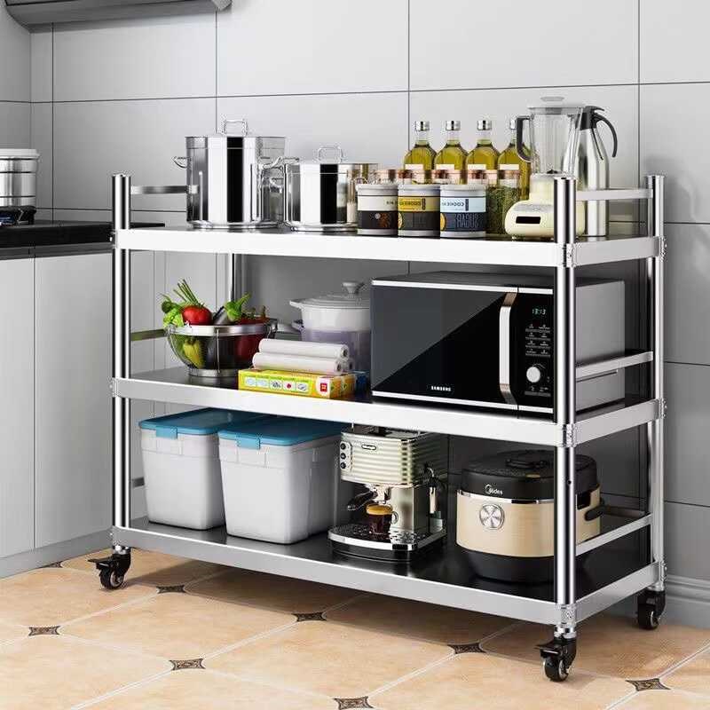 可移动置物架厨房不锈钢带围栏微波炉烤箱架子三层落地锅架带轮子