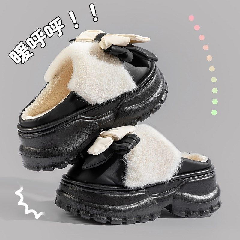 高颜值棉拖鞋女款冬季厚底高跟外穿时尚PU皮防水拖鞋加绒加厚保暖