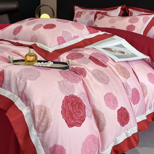 礼盒装简约120支婚庆四件套红色印花喜被套陪嫁婚礼结婚床上用品4