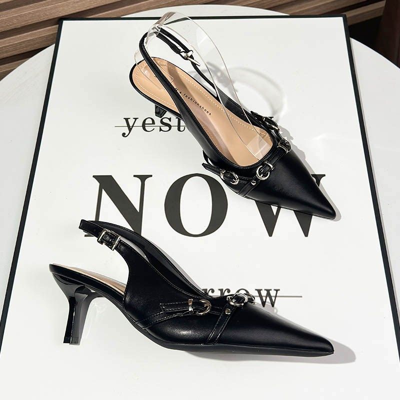法式气质尖头低跟凉鞋女夏季2025年新款黑色一字带职业工作高跟鞋