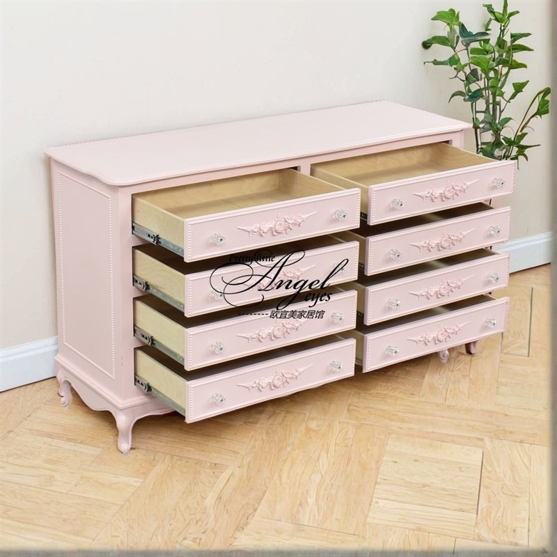 实木雕花斗柜美式乡村卧室储物柜公主房靠墙粉色八斗柜收纳抽屉柜