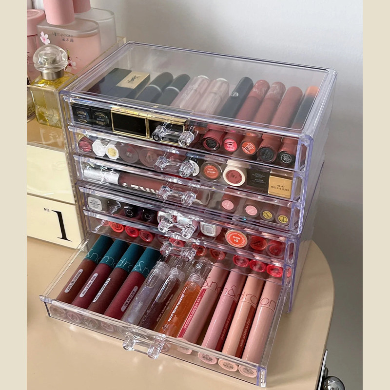 口红收纳盒防尘亚克力抽屉式多层眼影盘唇釉宿舍桌面化妆品置物架