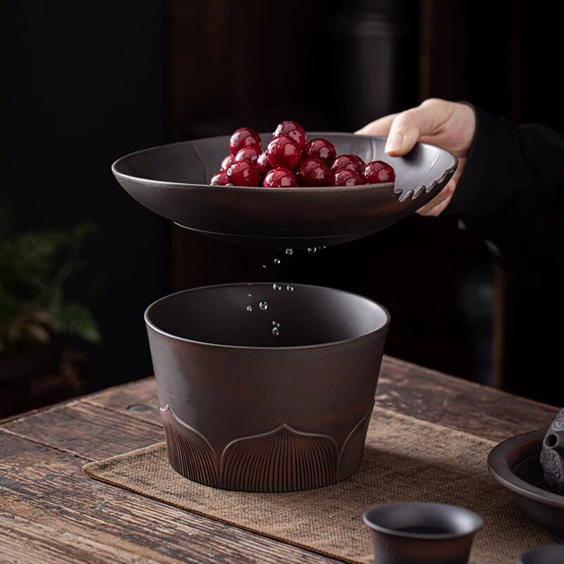 紫陶多功能茶渣缸茶室桌面茶水桶建水过滤M水盂香插烟灰缸带盖茶