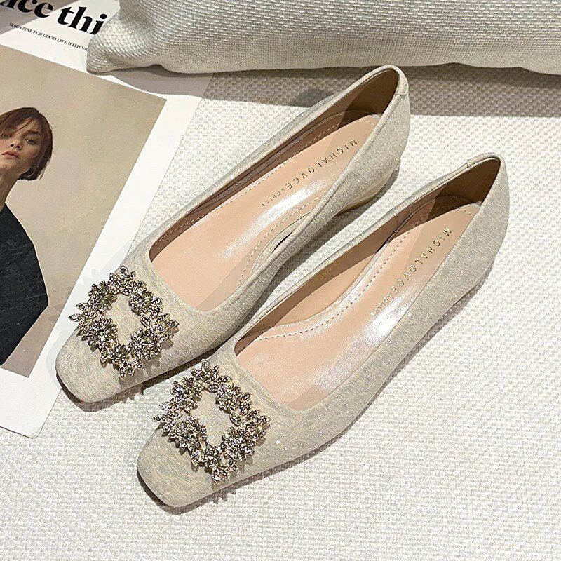 金色水钻3cm平底单鞋女秋冬2024年新款方头浅口低跟黑色高跟鞋女