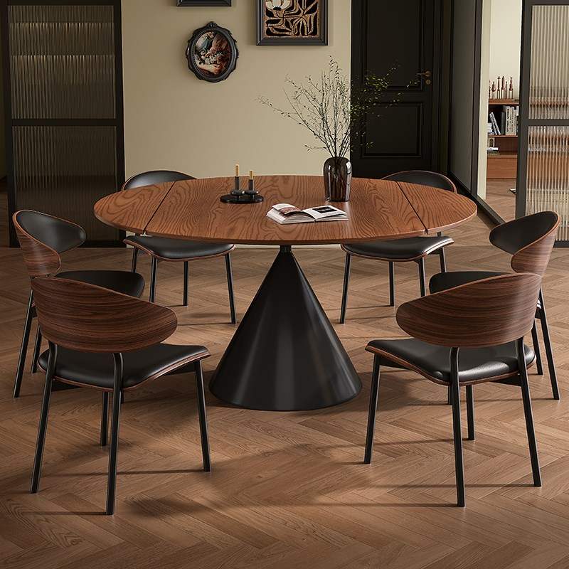 中古风实木伸缩餐桌椅组合家用白蜡木纹折叠饭桌法式轻奢圆形桌子