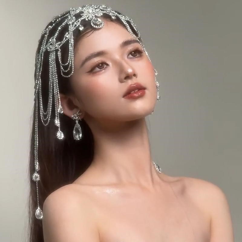 女神降临~超闪满钻水滴流苏头饰异域风眉心坠高级感婚纱发饰额链