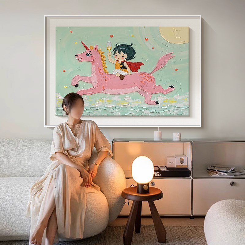 儿童房卧室床头卡通装饰画餐厅客厅纯手绘肌理油画玄关奶油风挂画