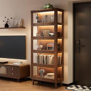 实木书柜带柜门落地置物柜客厅储物柜防尘收纳柜三面透明展示柜子