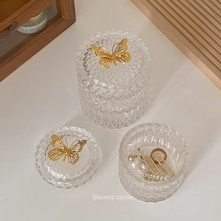 蝴蝶复古欧式 精致桌面金色 高档玻璃ins风饰品收纳盒带盖首饰盒
