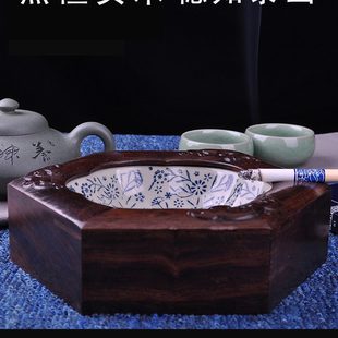 新中式 烟灰缸实木创意个性 客厅家用烟缸黑红木高档檀木大号烟灰缸
