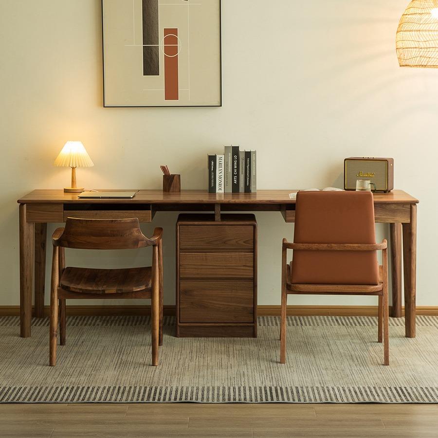 北欧黑胡桃实木双人靠墙电脑书柜一体学习写字长书桌简约办公桌