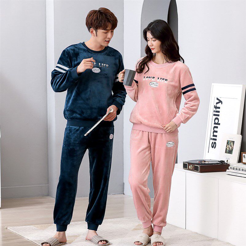 睡衣女款冬季珊瑚绒套头休闲运动可外穿套装男士法兰绒家居服