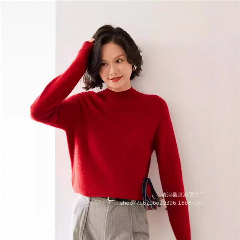 一线成型无缝堆堆领山羊绒衫女软糯高领宽松套头针织打底衫毛衣