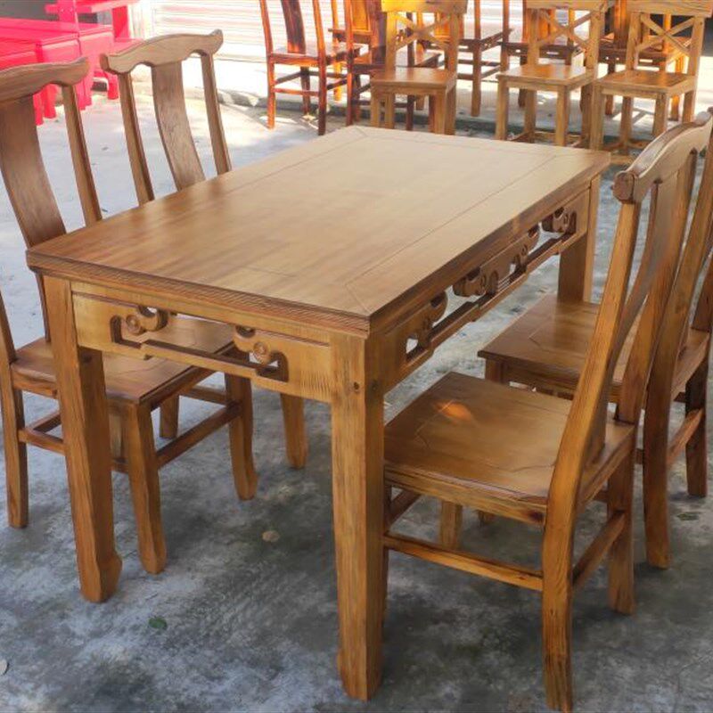 实木快餐桌椅长方形面馆小吃烧烤商用桌凳饭店火烧木
