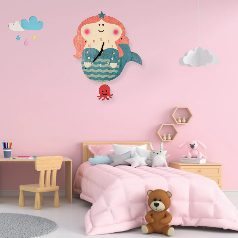 儿童房卡通挂钟木质静音钟摆爱单面钟表装饰个性创意挂墙时钟