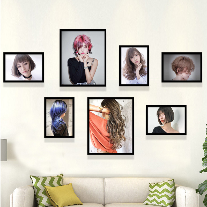 理发店墙面装饰照片墙免打孔发型图片美发店墙画发廊壁画相框玻璃
