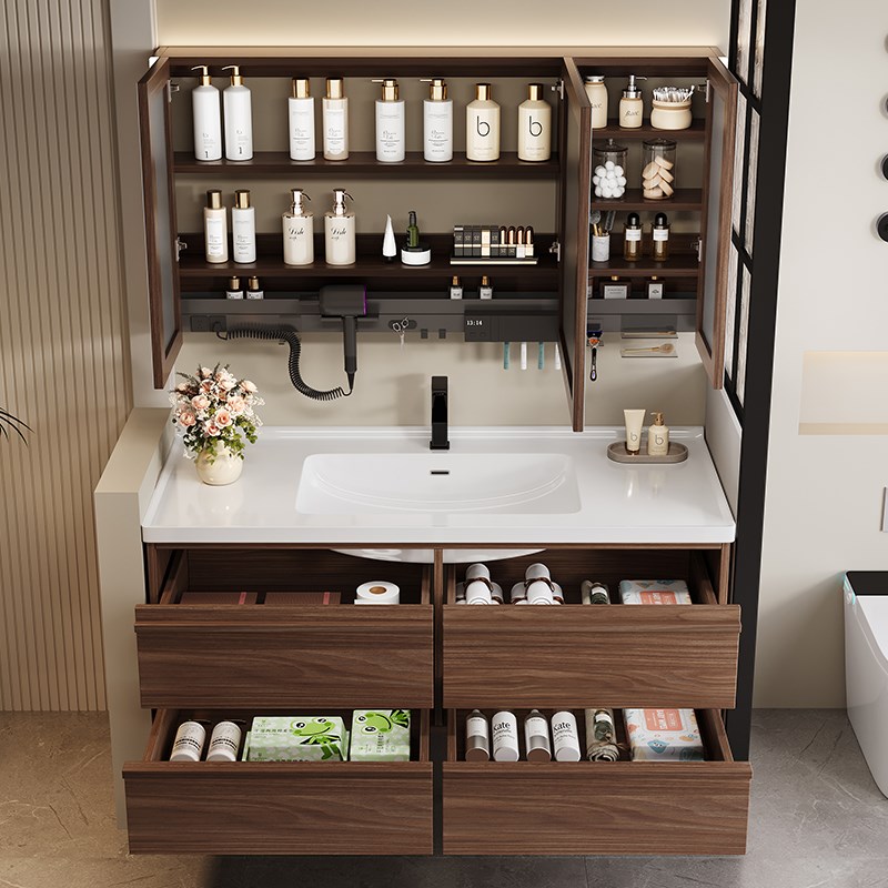 中古风陶瓷一体盆浴室柜卫生间胡桃木骨骼线洗漱台洗手盆洗脸盆柜