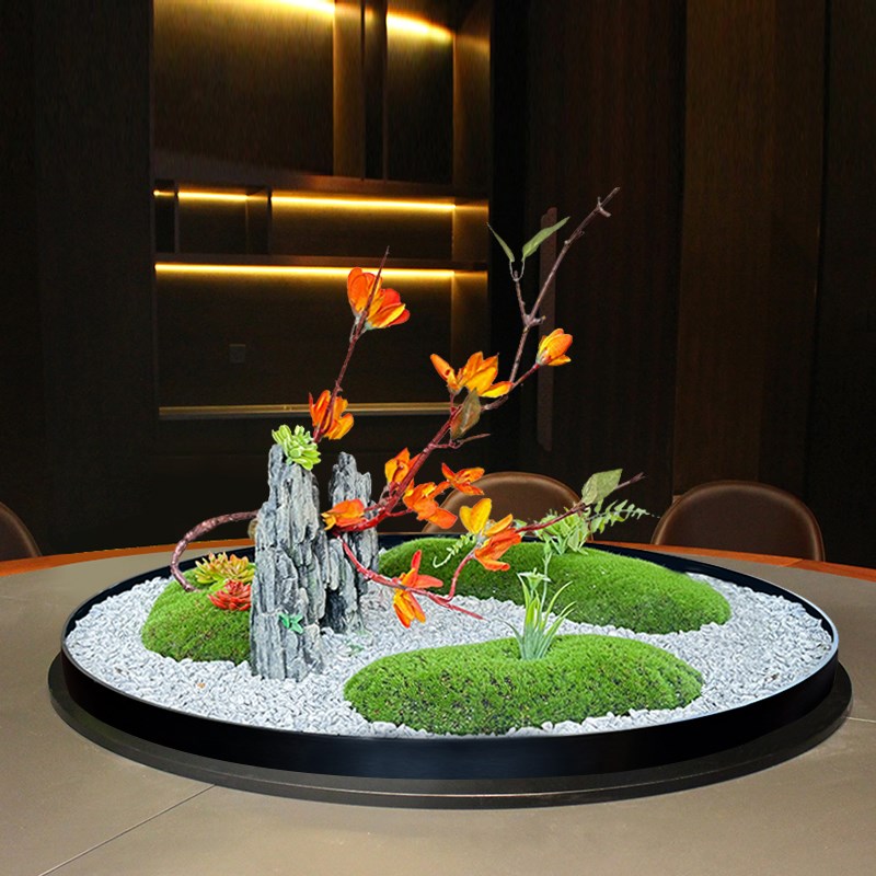 酒店餐桌转盘中间装饰摆件大圆桌国风建筑造景微景观圆形摆台花艺