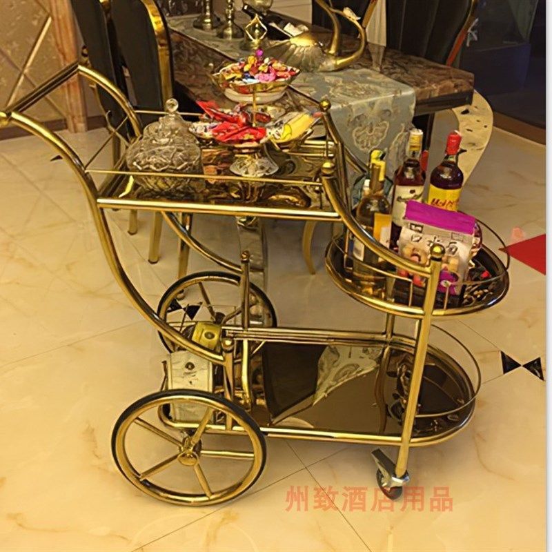 欧式豪华酒水车店饮料推车金色服务车酒店手推车送餐车