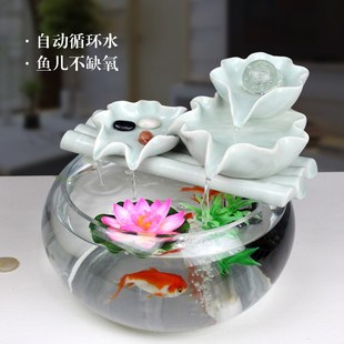 圆形小金鱼缸陶瓷流水过增氧水景家里装饰招财创意喷泉循环