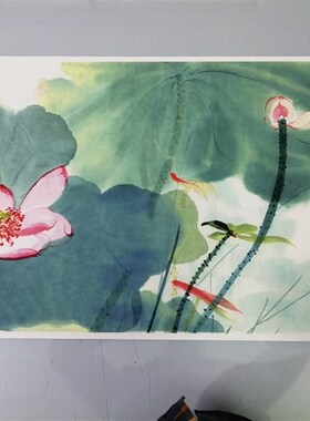 张大千嘉藕图 新客厅饰画办公室国画荷挂画复制品
