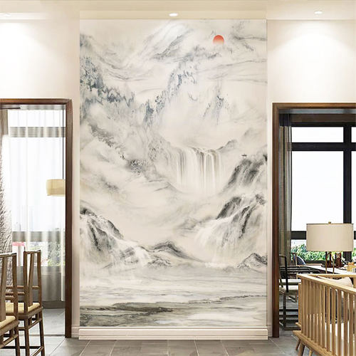 壁纸定制d中式山水玄关背景墙壁纸别墅挑高复式壁布客厅墙布壁画