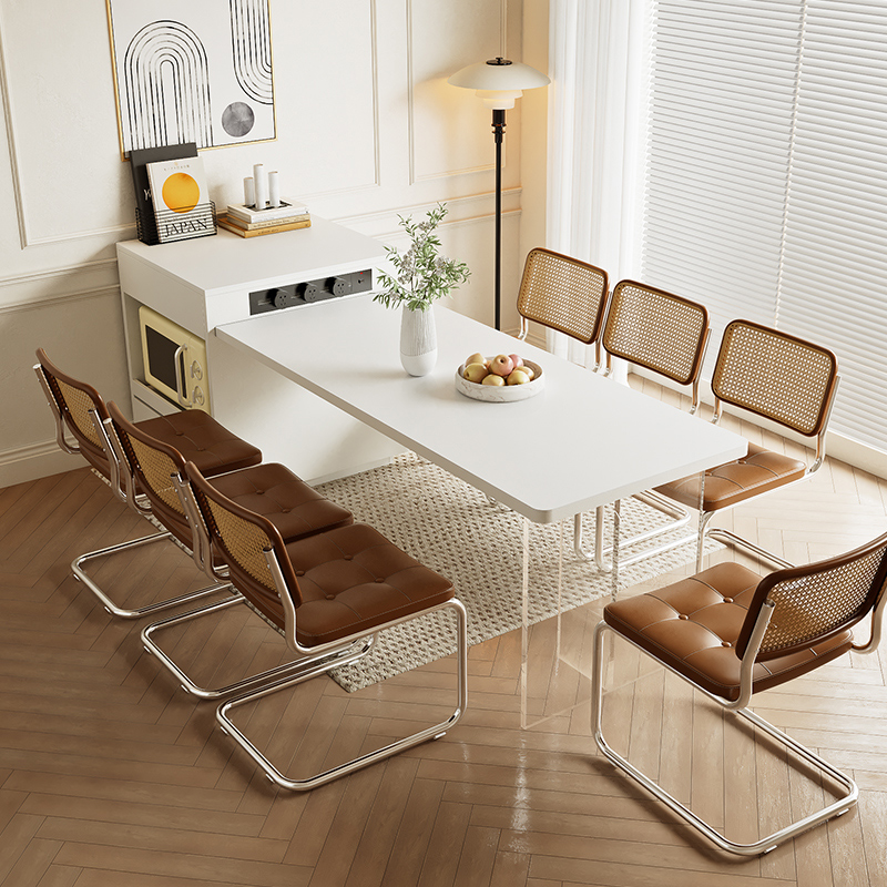 奶油风伸缩岛台餐桌一体家用小户型抽拉格设计多功能岛台