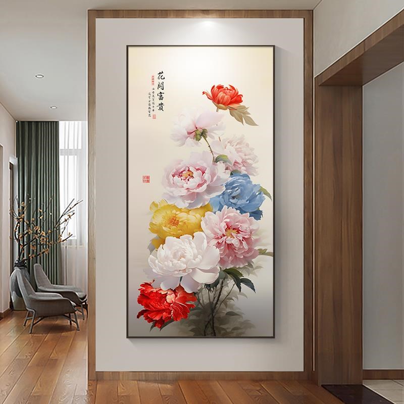 中玄画牡丹饰画民宿挂画竖茶馆布置壁画百合桂国画