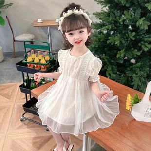 女童夏季短袖连衣裙 韩版棉质网纱蓬蓬公主裙儿童气质洋装