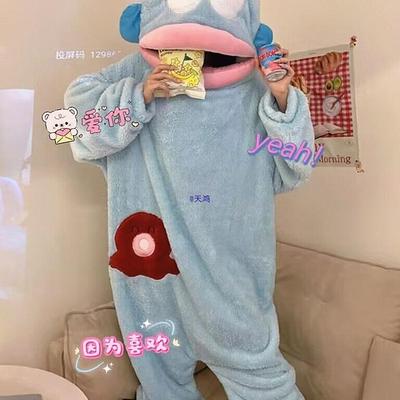 丑鱼睡衣女秋冬季珊瑚绒情侣连体卡通搞怪睡袍男款加厚加大码睡裙