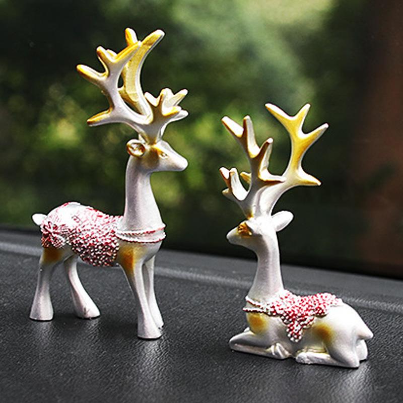 带底座小对鹿汽车摆件车载中控台内创意青铜鹿装饰品可爱