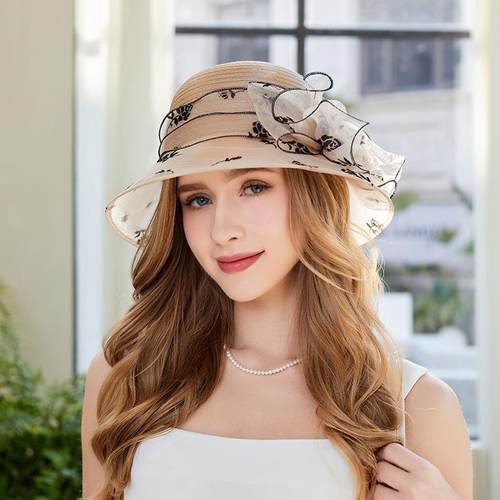 欧根纱帽子气质优雅女春夏季凉帽渔夫帽百搭妈妈礼帽防晒帽太阳帽