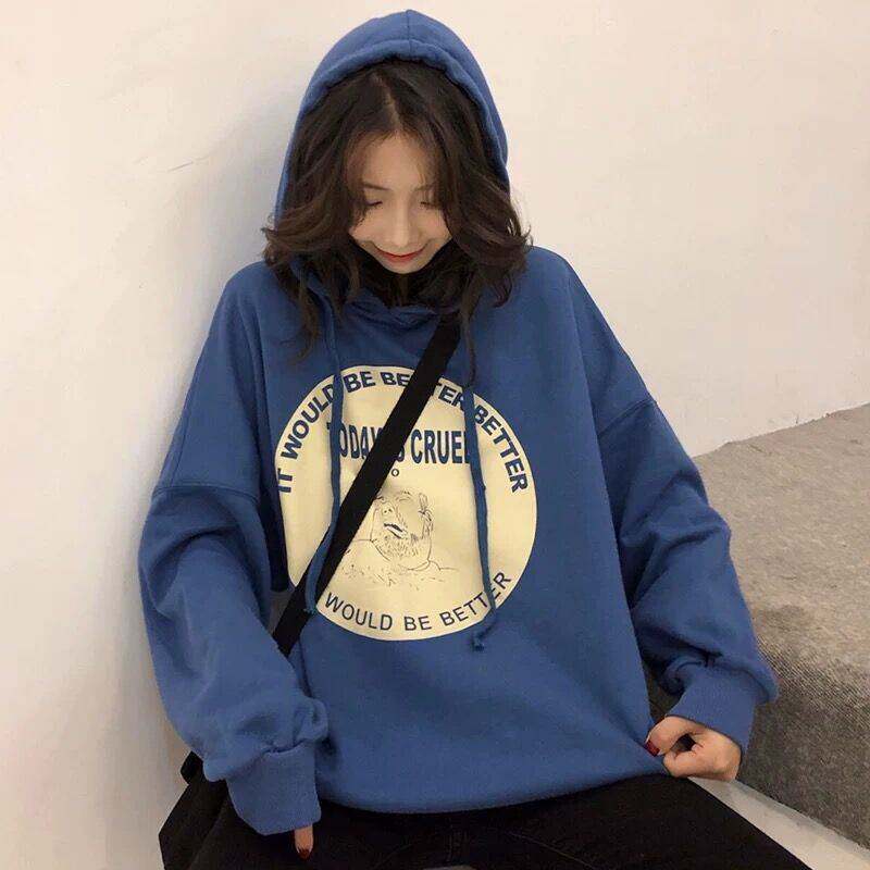 加绒卫衣女秋冬新款加厚学生连帽长袖卫衣女原宿风百搭上衣ins潮