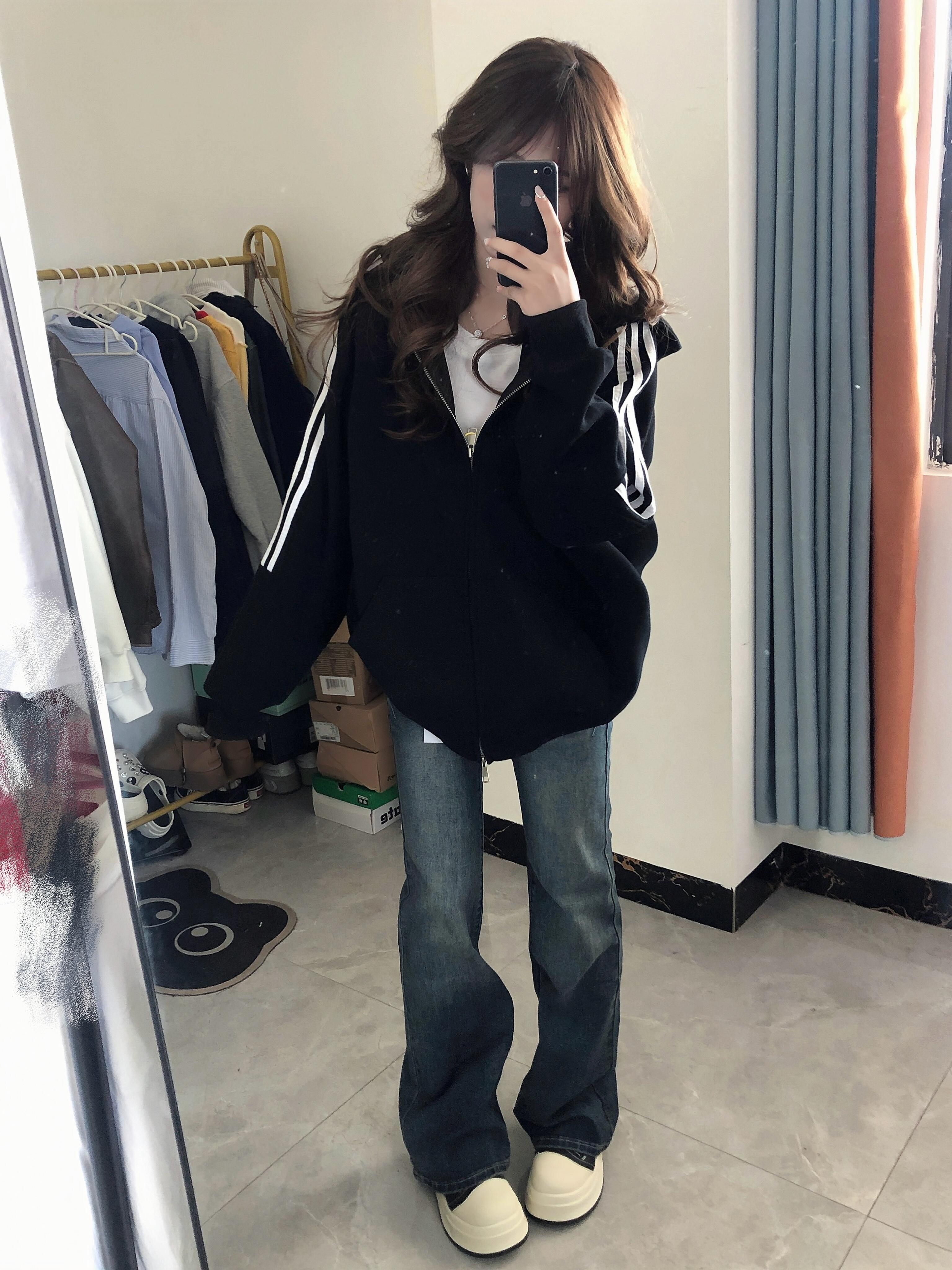 thumbnail for Cotton American vintage three-bar hooded cardigan sweatshirt women's autumn and winter lazy style oversize fleece jacket